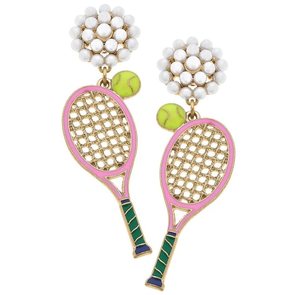 CANVAS STYLE Tennis Racket Pearl Drop Earrings Pink Green Gold Women Sporty NWt